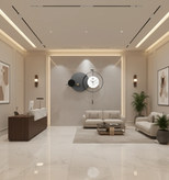 ساعت دیواری مدرن با ترکیب دایرهای مشکی و خاکستری درون یک لابی روشن و مینیمال روی دیوار دیده میشود.